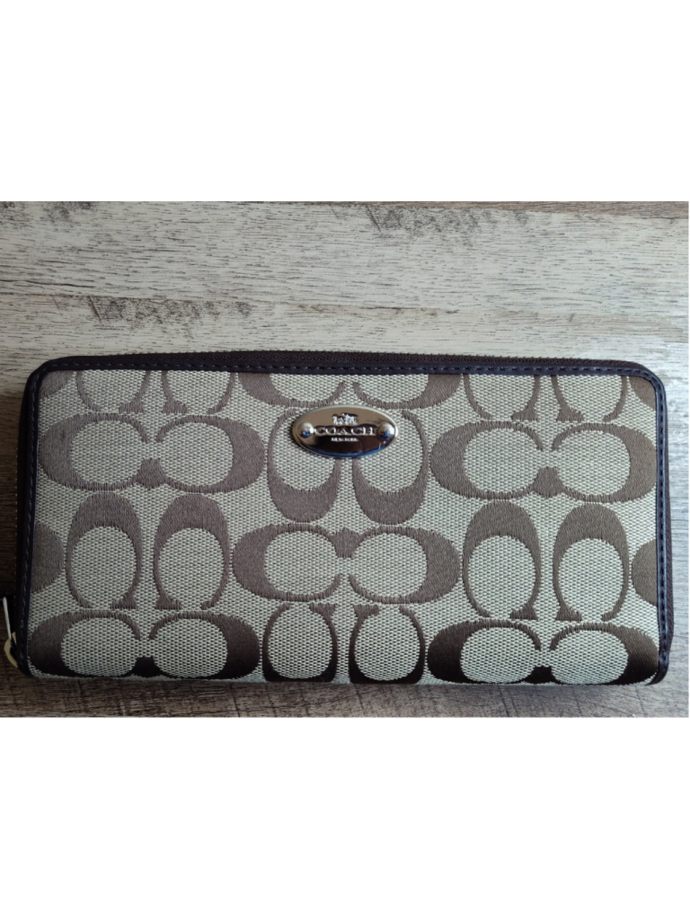 Women's Coach Signature Logo Zip Around Wallet in Beige and Brown